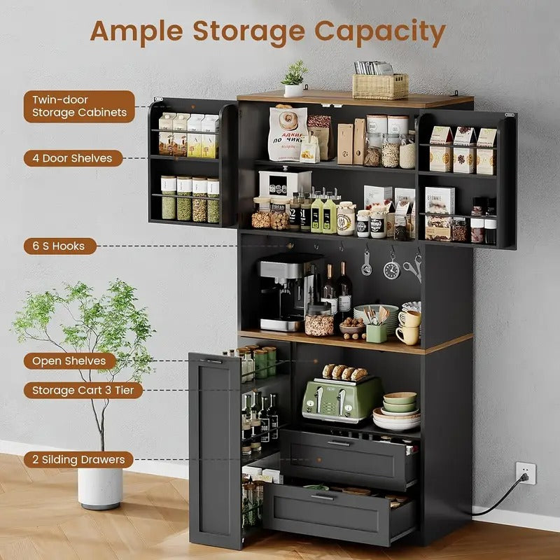 Farmhouse Kitchen Pantry Cabinet with Microwave Stand, 3-Tier Storage Cart & Drawers - All-in-One Tall Kitchen Organizer with Door/Shelf Storage, Space-Saving Design for Small Kitchens