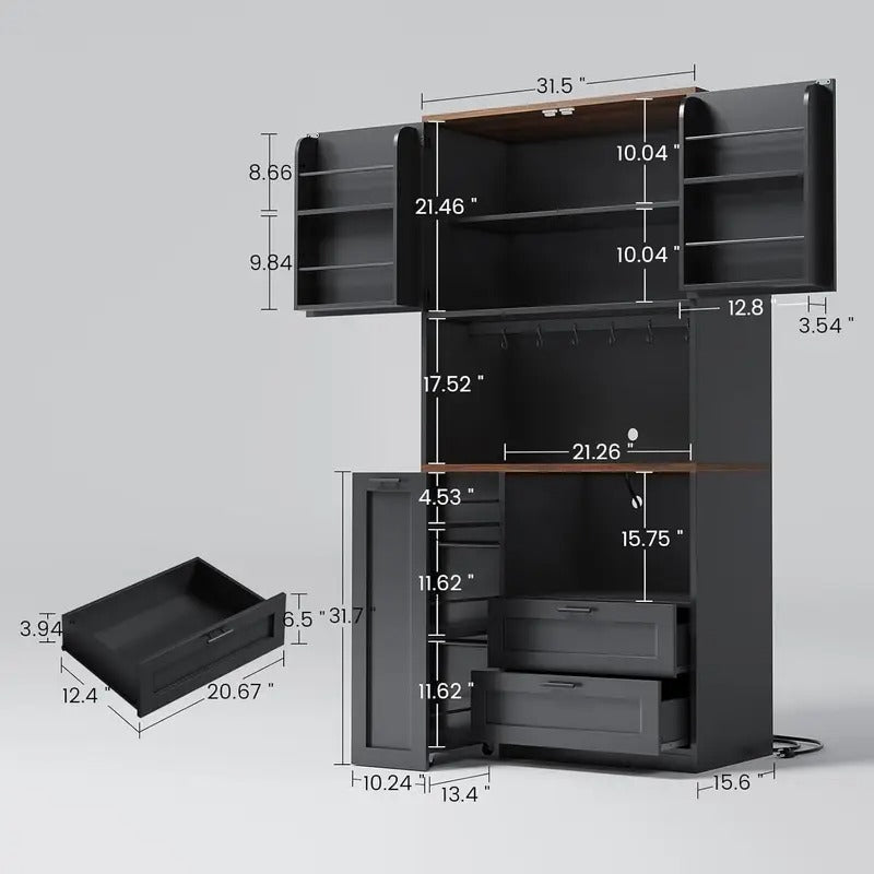 Farmhouse Kitchen Pantry Cabinet with Microwave Stand, 3-Tier Storage Cart & Drawers - All-in-One Tall Kitchen Organizer with Door/Shelf Storage, Space-Saving Design for Small Kitchens