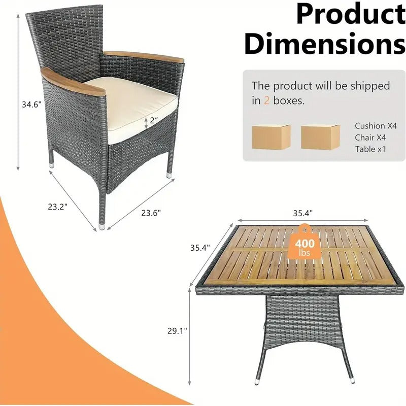Patio Dining Set for 4 - Water-Resistant Rattan Outdoor Bar Set with Acacia Wood Square Table Top and Removable Cushions for Deck, Garden, Backyard