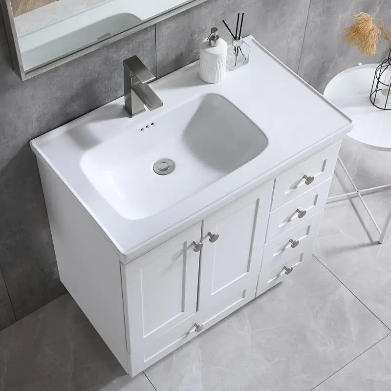 32" White Modern Freestanding 2 Door& 5 Drawer Single Bathroom Vanity Set With Ceramic Sink