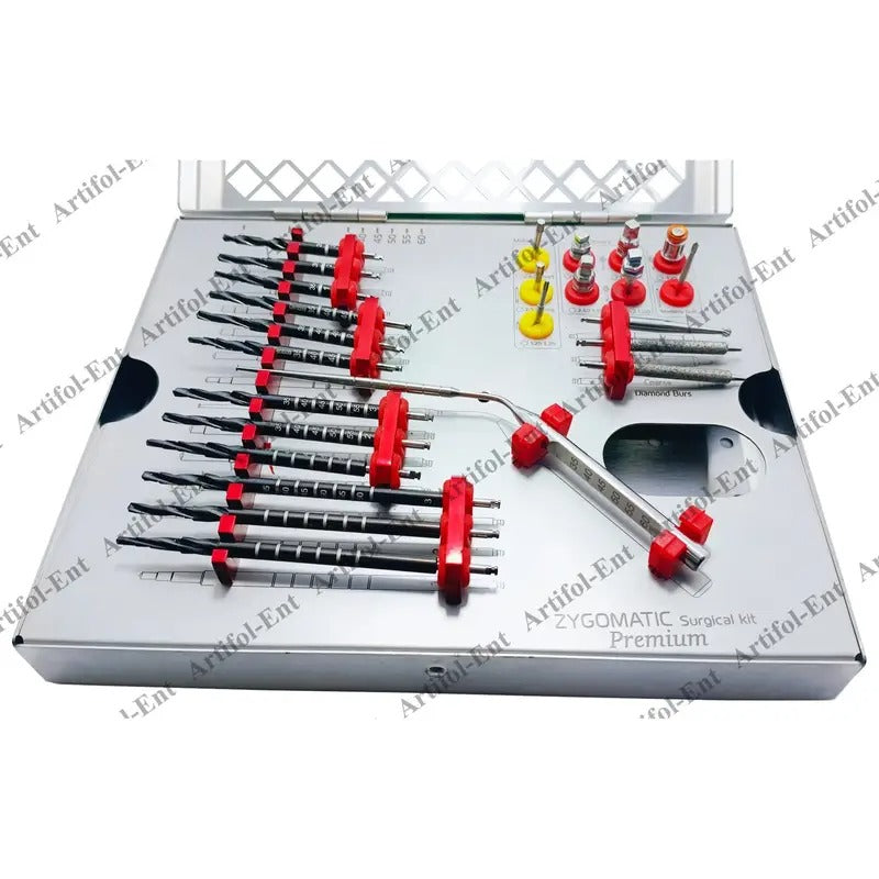 ARTIFOL 26 Pcs Implant Premium Zygomatic Set for Implant Socket Preparation Black Titanium Coated Step Drills with Depth Probe, Motor Mount, Drivers and Ratchet Wrench Zygo Kit