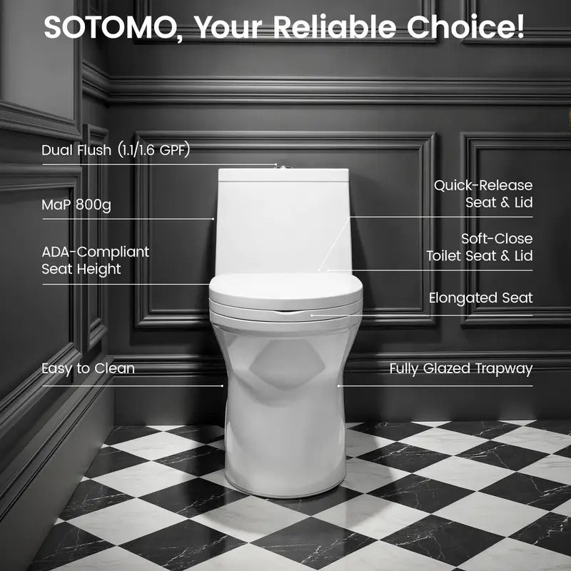 Sotomo Ada Compliant One-piece Toilet, 1.1/1.6 Gpf Dual Flush, Water-Saving,Map 800g, Quick Release & Soft Close Toilet Seat