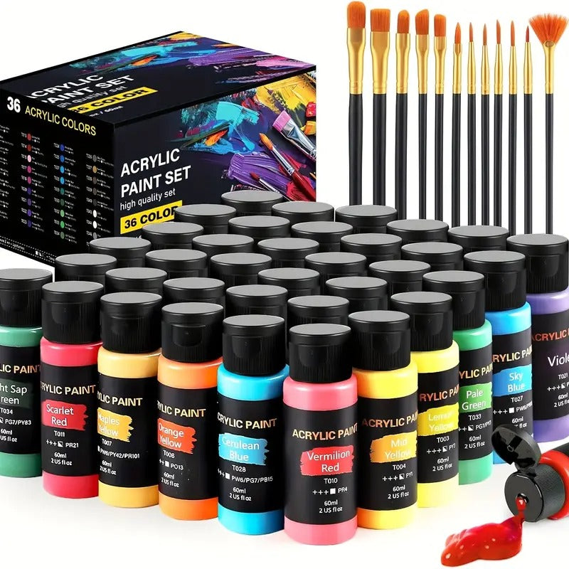 36/48 Colors Painting Supplies (2oz) with 12 Art Brushes, for Painting Canvas, Ceramic & Fabric, Rich Pigments Lasting Quality for Beginners & Professional, Christmas & Halloween, Back to School