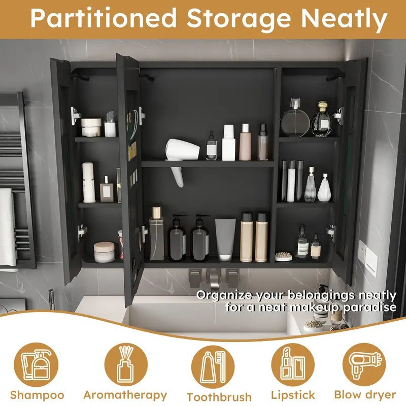 Aluminium Medicine Cabinet Mirror, 35 X 28 Inches Medicine Cabinet with 3 Colors LED Light And Defogging Function, Bathroom Mirror Cabinet with Cosmetic Storage Rack And Hair Dryer Holder, Bathroom Medicine Cabinet