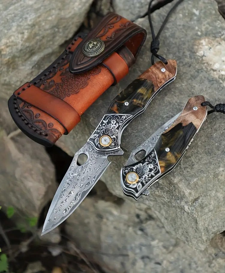 Damascus Steel Pocket Knife - High Quality Handmade Folding Knife with Maple Handle - Camping Survival Carry, Mountaineering Hiking, Fishing EDC Knife and Sheath