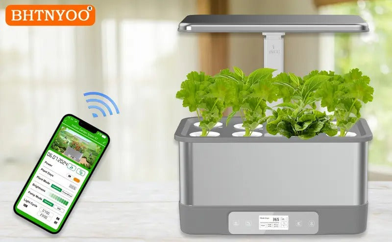 Indoor Herbs Garden, APP&WiFi Hydroponics Growing System Kit, BHTNYOO/8 Pods/ Soilless Cultivation Planting Gardening Box With LED Growth Lights And Water Pump (Stainless Steel)