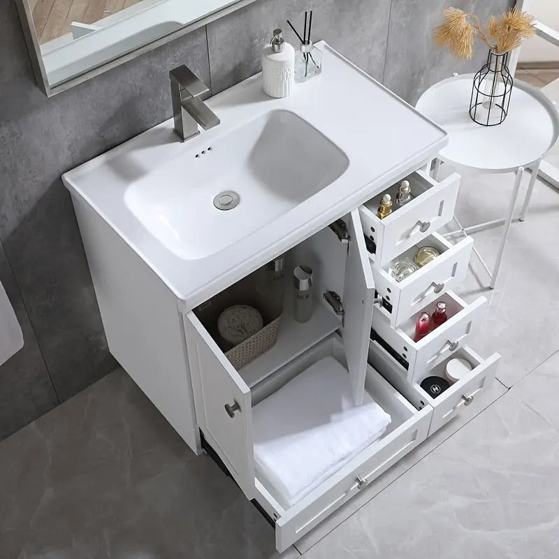32" White Modern Freestanding 2 Door& 5 Drawer Single Bathroom Vanity Set With Ceramic Sink
