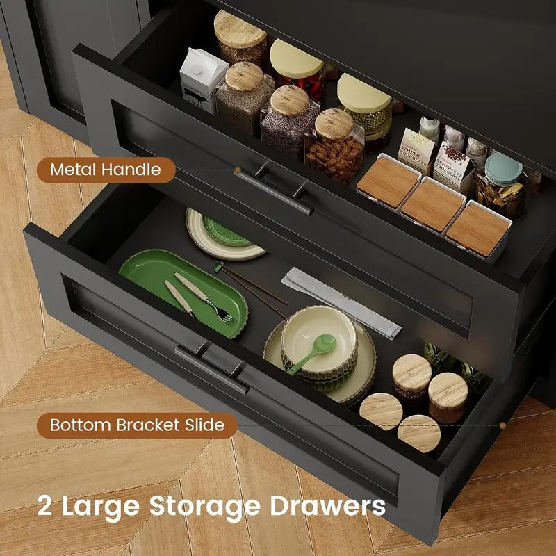 Farmhouse Kitchen Pantry Cabinet with Microwave Stand, 3-Tier Storage Cart & Drawers - All-in-One Tall Kitchen Organizer with Door/Shelf Storage, Space-Saving Design for Small Kitchens