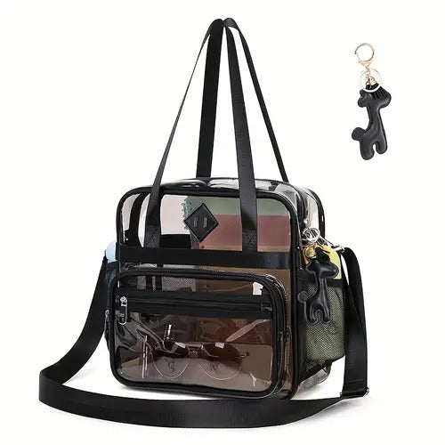Sturdy Transparent PVC Tote Bag with Adjustable Shoulder Strap & Front Pockets - Large Capacity Heavy-Duty Design, Lightweight Durable for Travel, School,