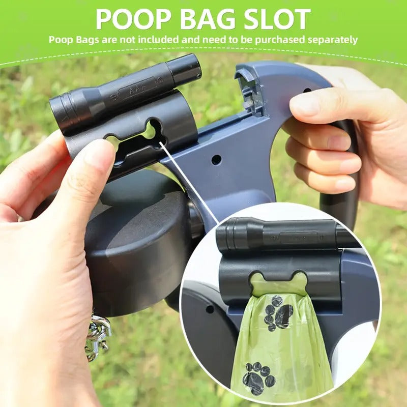 Dog Automatic Double Leash Tractor, Double Head Retractable Dog Leash, One Tow Two Dog Tractor, Anti Knot Leash with Waste Bag Storage Space and Night Light, Suitable for Two Dogs and Multiple Dogs