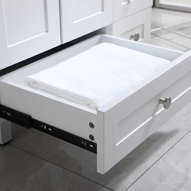 32" White Modern Freestanding 2 Door& 5 Drawer Single Bathroom Vanity Set With Ceramic Sink