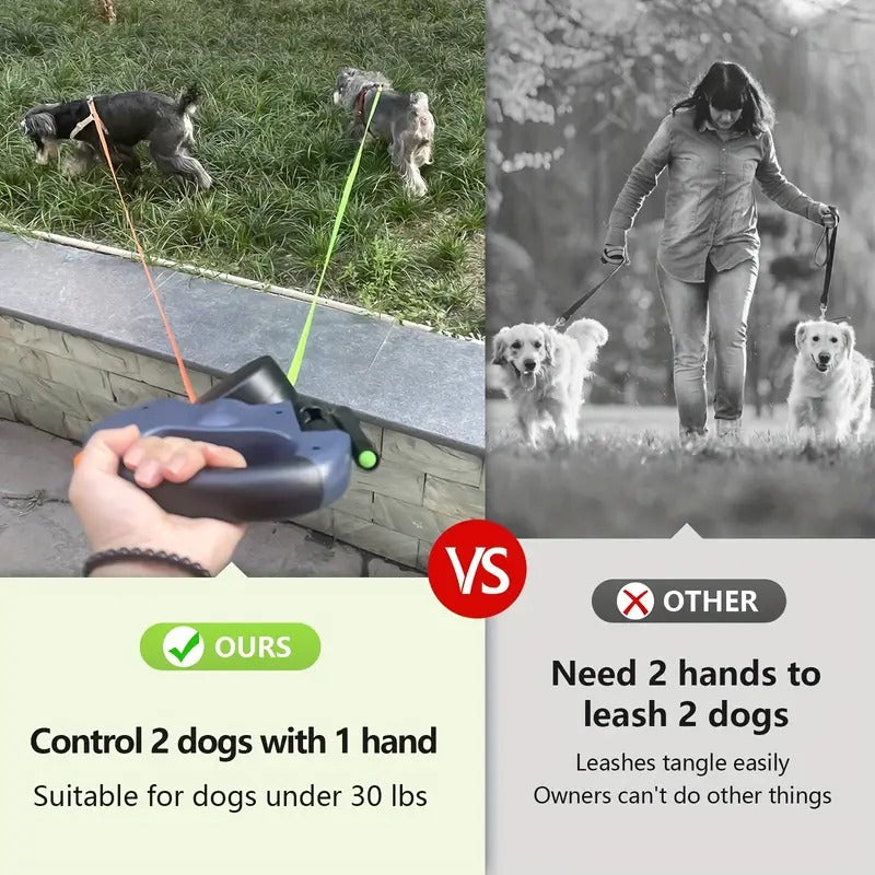 Dog Automatic Double Leash Tractor, Double Head Retractable Dog Leash, One Tow Two Dog Tractor, Anti Knot Leash with Waste Bag Storage Space and Night Light, Suitable for Two Dogs and Multiple Dogs