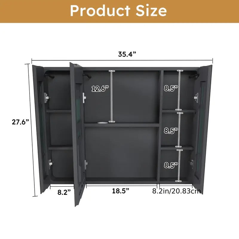 Aluminium Medicine Cabinet Mirror, 35 X 28 Inches Medicine Cabinet with 3 Colors LED Light And Defogging Function, Bathroom Mirror Cabinet with Cosmetic Storage Rack And Hair Dryer Holder, Bathroom Medicine Cabinet