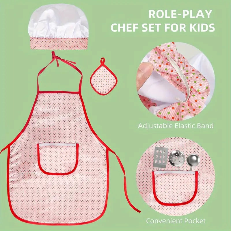 [Kids Play Kitchen] 37PCS Pretend Play Kitchen Accessories | Kids Kitchen Playset Stainless Steel Play Pots And Pans Sets For Kids, Apron & Chef Hat, Cooking Utensils, Play Food | For Christmas, Halloween Gift