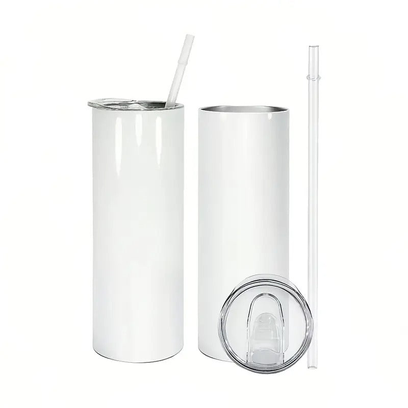 25pcs 20oz Sublimation White Straight Skinny Tumbler With Lid And Straw Stainless Steel Double Wall Vacuum Insulated Coffee Cups For Cold & Hot Drinks