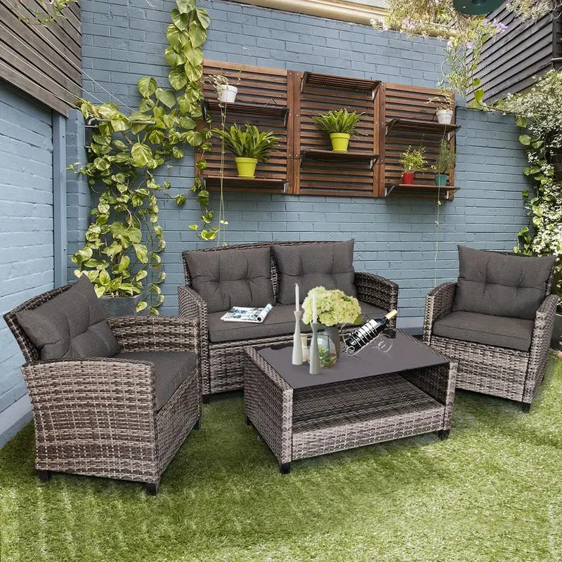 9pcs All-weather Material Outdoor Rattan Terrace Furniture Set, Outdoor Patio Furniture, Including 360 Degree Swivel Rocking Chairs, High Back Sofa, Ottomans And Small Side Table, Brown Wicker with Beige Cushions, Best Choice for Multi-party Sets