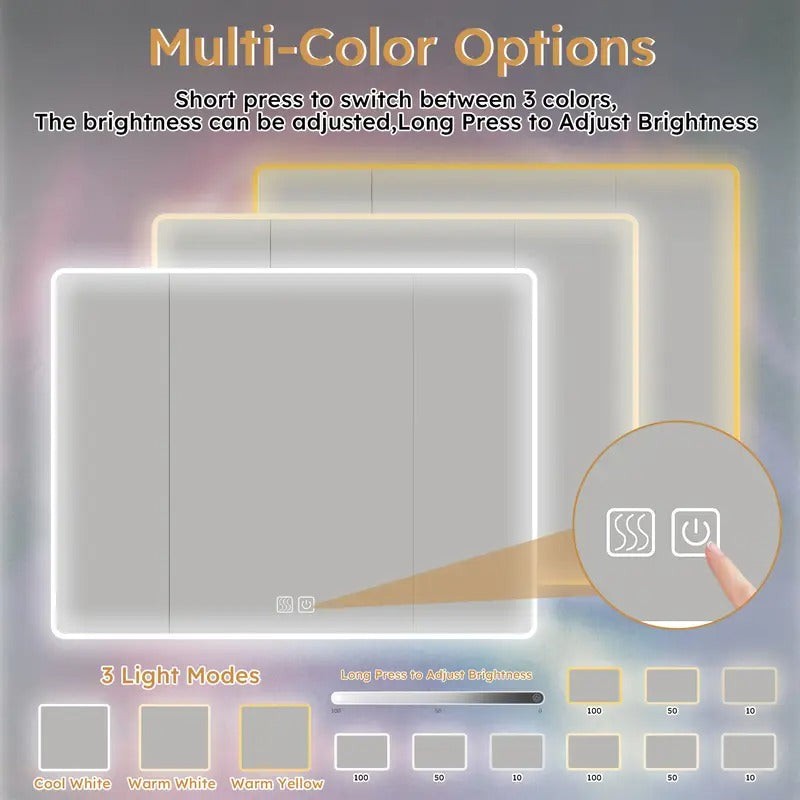 Aluminium Medicine Cabinet Mirror, 35 X 28 Inches Medicine Cabinet with 3 Colors LED Light And Defogging Function, Bathroom Mirror Cabinet with Cosmetic Storage Rack And Hair Dryer Holder, Bathroom Medicine Cabinet