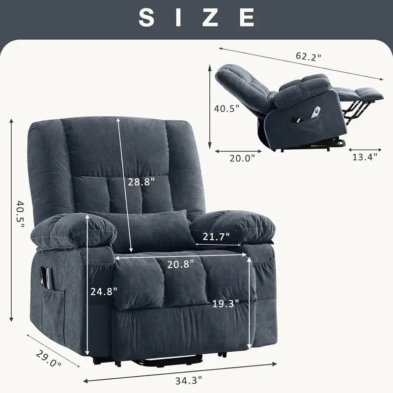 [Heat Massage Recliner] JONPONY Ergonomic Power Lift Recliner Chair - Heat & Massage, Infinite Positions, Side Pocket & USB Charging Port, Dark Blue Upholstery, Comfortable for Elderly, Reading, or Relaxing in Living Room