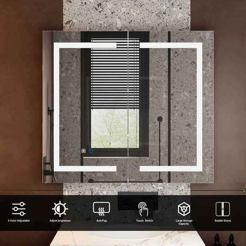 [Modern LED Bathroom Cabinet] Modern Adjustable LED Bathroom Medicine Cabinet with Anti-Fog Mirror | Wall-Mounted Storage, Two Doors, Adjustable Shelves, No Wiring Needed, Space-Saving Design