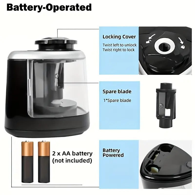 Automatic Electric Pencil Sharpener with Auto-Stop & Lead Breakage Prevention - Black Desktop Sharpener for Office & School, No Battery Needed, Compact Design, Sharpens Pencils in Seconds, Pencil Sharpener Electric,