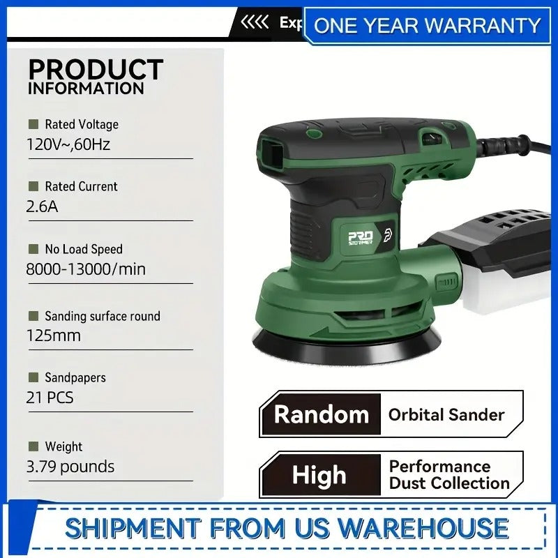 Prostormer 5-Inch Random Orbital Sander With 21pcs Sandpapers, 8000-13000RPM, 2.6AMP Palm Sander With 6 Variable Speeds, Dust Collection For Polishing, Sanding