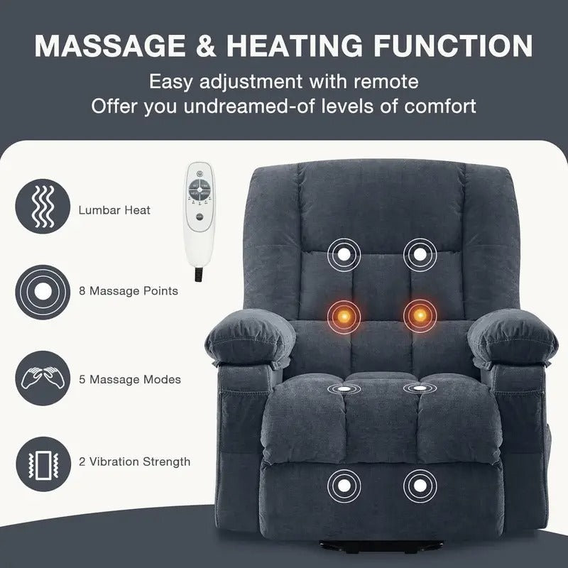 [Heat Massage Recliner] JONPONY Ergonomic Power Lift Recliner Chair - Heat & Massage, Infinite Positions, Side Pocket & USB Charging Port, Dark Blue Upholstery, Comfortable for Elderly, Reading, or Relaxing in Living Room