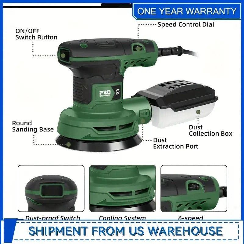 Prostormer 5-Inch Random Orbital Sander With 21pcs Sandpapers, 8000-13000RPM, 2.6AMP Palm Sander With 6 Variable Speeds, Dust Collection For Polishing, Sanding