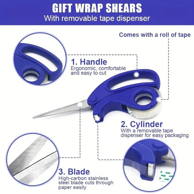 2-in-1Multifunctional Scissors with Tape Dispenser, Stainless Steel Blades - Ideal for Gift Wrapping, Crafts & Opening Packages - User-Friendly Office & Home Use, Gift Wrapping Tool|Versatile Scissors