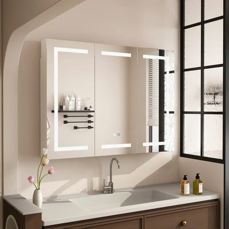 [Modern LED Bathroom Cabinet] Modern Adjustable LED Bathroom Medicine Cabinet with Anti-Fog Mirror | Wall-Mounted Storage, Two Doors, Adjustable Shelves, No Wiring Needed, Space-Saving Design
