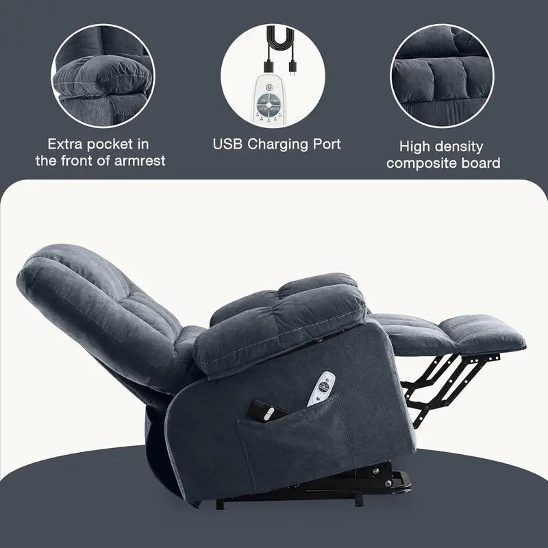 [Heat Massage Recliner] JONPONY Ergonomic Power Lift Recliner Chair - Heat & Massage, Infinite Positions, Side Pocket & USB Charging Port, Dark Blue Upholstery, Comfortable for Elderly, Reading, or Relaxing in Living Room