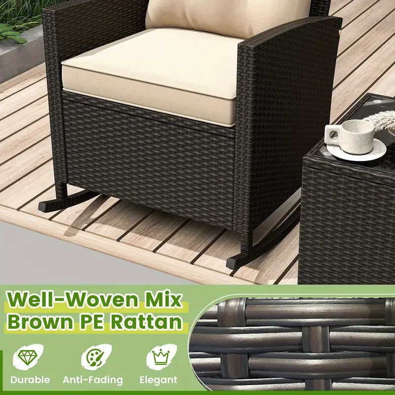 [Wicker Rocking Set] 3 PCS Homasis Patio Wicker Rocking Set - Soft Cushions & Tempered Glass Table Outdoor