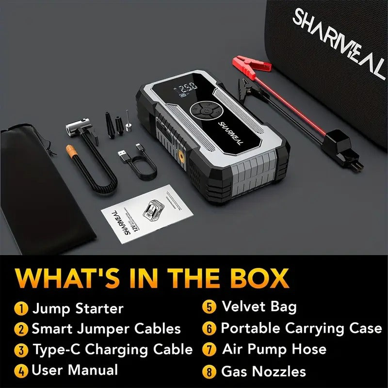 Sharmeal 8000A Heavy-Duty Portable Jump Starter with Fast Charging, Digital LCD Display, USB Power Bank, Emergency Light - for Cars, Trucks, SUVs, Boats, RVs - with Nozzles & Cable - 12V