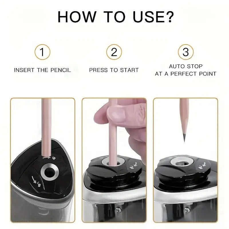 Automatic Electric Pencil Sharpener with Auto-Stop & Lead Breakage Prevention - Black Desktop Sharpener for Office & School, No Battery Needed, Compact Design, Sharpens Pencils in Seconds, Pencil Sharpener Electric,