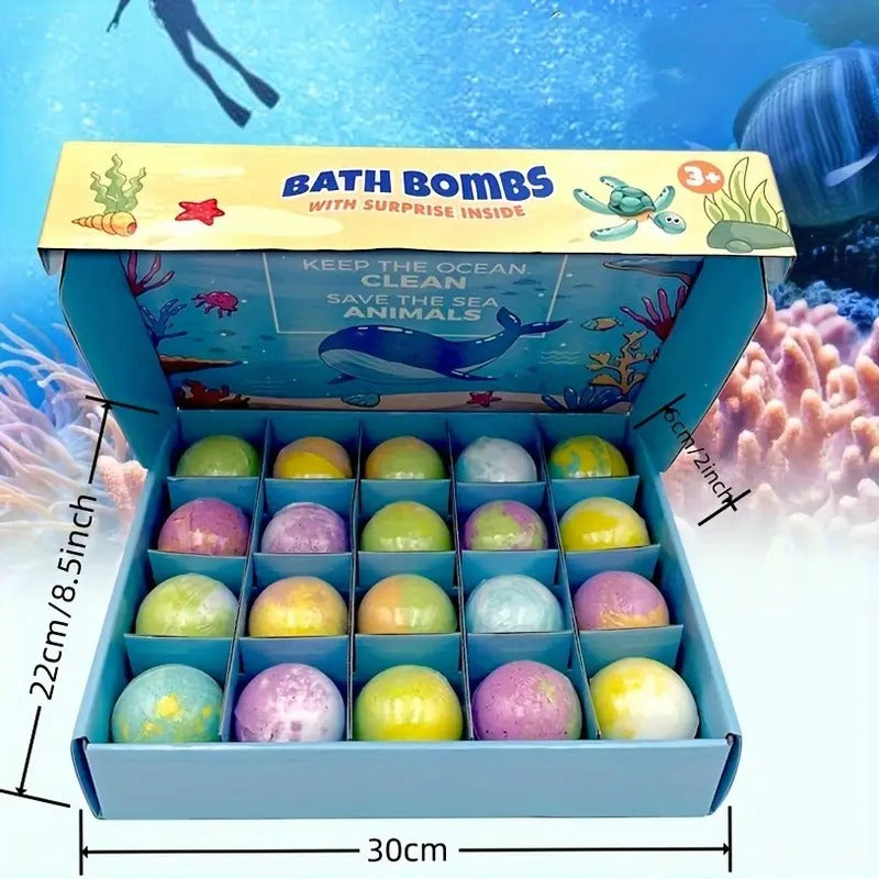 20pcs Ocean-Themed Bath Bombs with Surprise Toys Inside – Natural, Fizzy & Foaming for Sensitive Skin, Chamomile Scented, Sea Animal Shapes (Whale, Turtle, Octopus), Perfect for Kids’ Bath