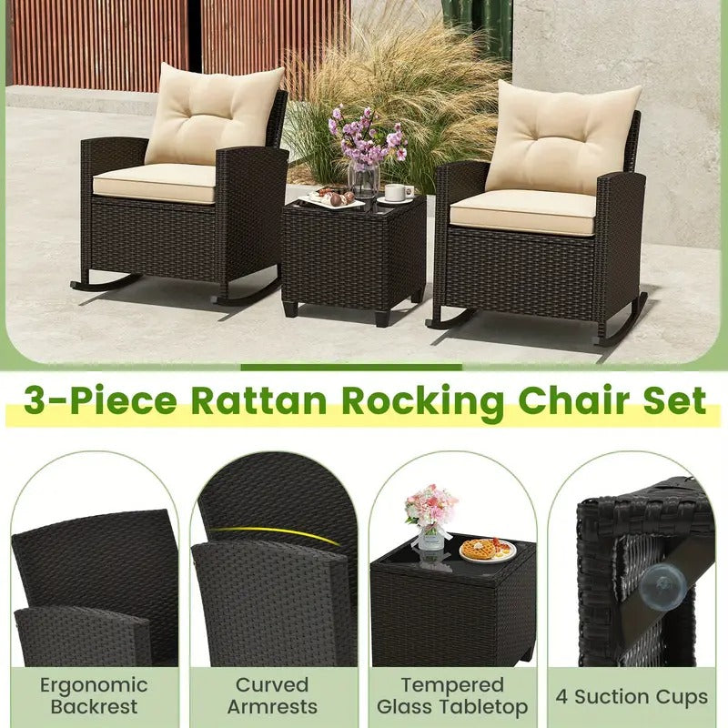 [Wicker Rocking Set] 3 PCS Homasis Patio Wicker Rocking Set - Soft Cushions & Tempered Glass Table Outdoor