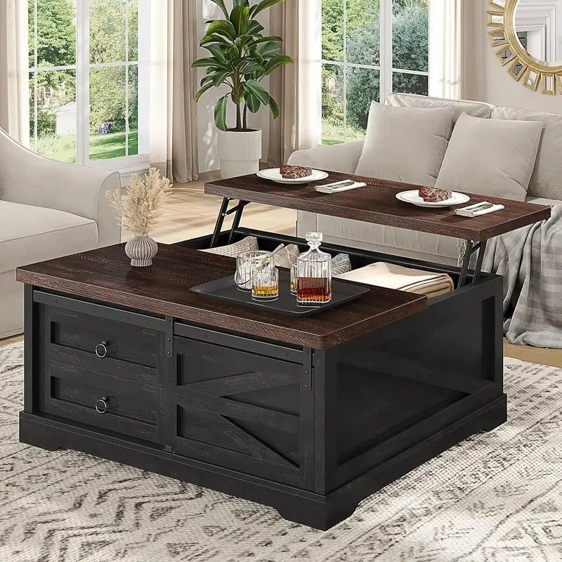 39.4" Lift Coffee Table with Storage, Sliding Barn Door and Adjustable Shelf, Farmhouse Square Center Table with Large Hidden Compartment and 2 Drawers, Suitable for Living Room, Black