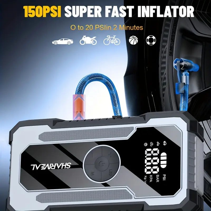 Sharmeal 8000A Heavy-Duty Portable Jump Starter with Fast Charging, Digital LCD Display, USB Power Bank, Emergency Light - for Cars, Trucks, SUVs, Boats, RVs - with Nozzles & Cable - 12V