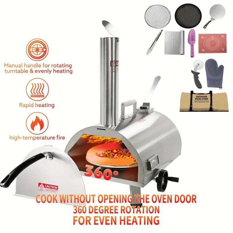 [Silvery Pizza Oven] Portable 12" Silvery Semi-Circle Wood Pellet Pizza Oven | Manual Handle Rotation, Semi-Automatic Design, Built-in Thermometer, 360-Degree Even Heating, Sleek Design For Perfect Christmas Gift