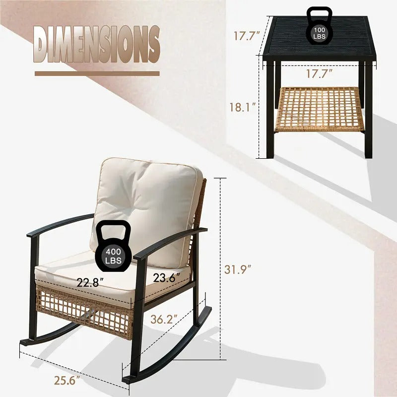 3pcs Outdoor Wicker Rocking Bistro Set, Patio Furniture with Coffee Table & Thick Cushions, 2 Rattan Rocking Chairs for Porch, Garden, Balcony, Backyard, Beige