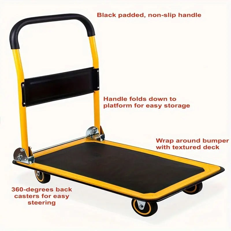 Home Relaxation| Heavy-Duty 660 lbs Capacity Foldable Trolley | Space-Saving Aluminum Moving Platform with Swivel Push Handle, Blue/Yellow | Durable & Portable for Easy Storage