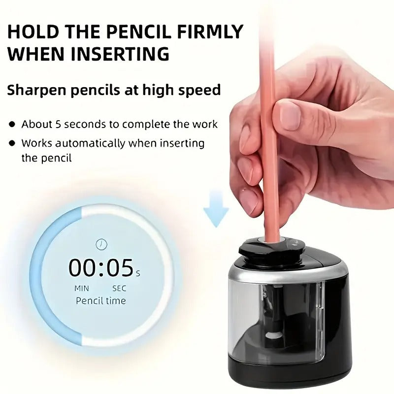 Automatic Electric Pencil Sharpener with Auto-Stop & Lead Breakage Prevention - Black Desktop Sharpener for Office & School, No Battery Needed, Compact Design, Sharpens Pencils in Seconds, Pencil Sharpener Electric,