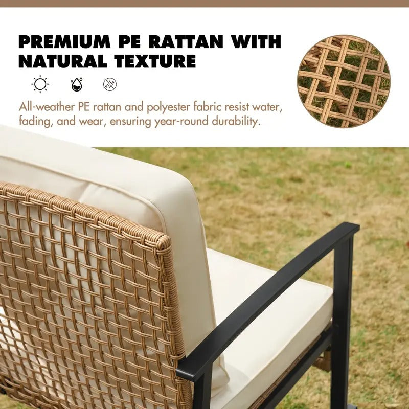 3pcs Outdoor Wicker Rocking Bistro Set, Patio Furniture with Coffee Table & Thick Cushions, 2 Rattan Rocking Chairs for Porch, Garden, Balcony, Backyard, Beige