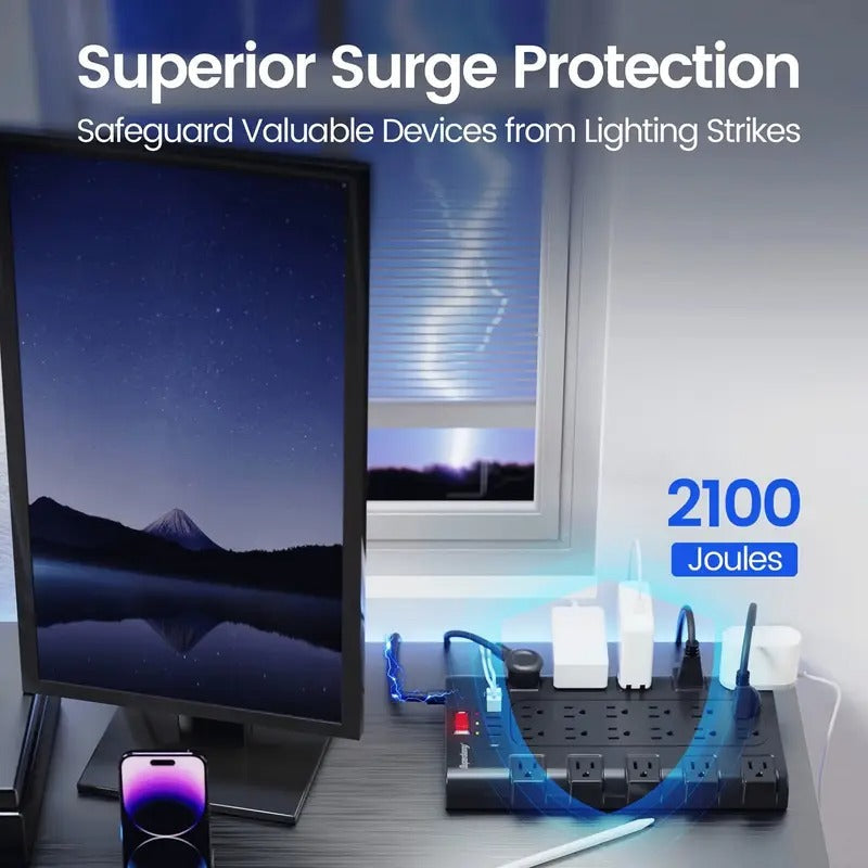 SUPERDANNY 22 AC Outlets & 6 USB Ports Power Strip Surge Protector - Flat Plug, Heavy Duty Extension Cord, Compact Design for Home Office (11.65" W x 6.3" H x 29.67" L), Home Office Power Solution | Compact Power Strip | Efficient Space Usage, SUPERDANNY