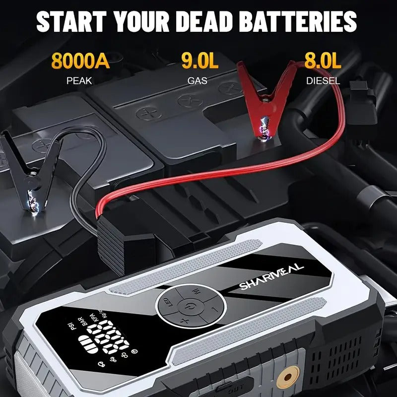 Sharmeal 8000A Heavy-Duty Portable Jump Starter with Fast Charging, Digital LCD Display, USB Power Bank, Emergency Light - for Cars, Trucks, SUVs, Boats, RVs - with Nozzles & Cable - 12V