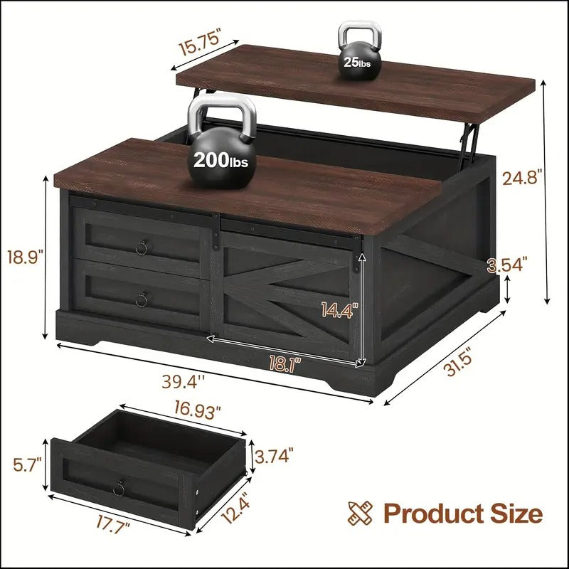 39.4" Lift Coffee Table with Storage, Sliding Barn Door and Adjustable Shelf, Farmhouse Square Center Table with Large Hidden Compartment and 2 Drawers, Suitable for Living Room, Black