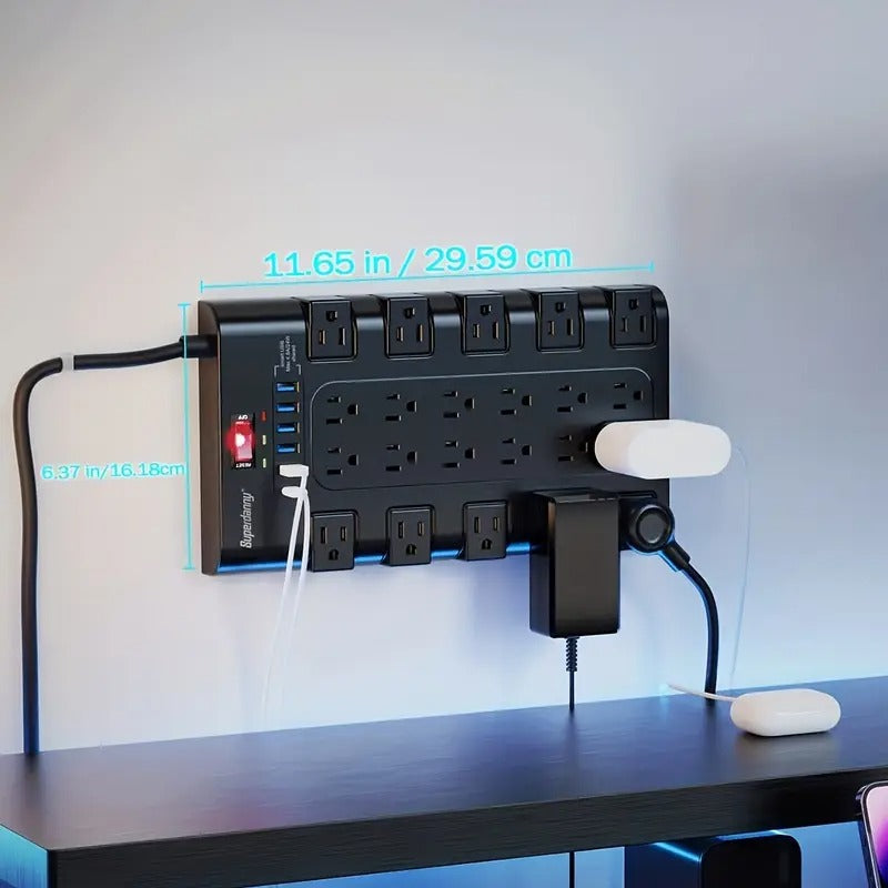 SUPERDANNY 22 AC Outlets & 6 USB Ports Power Strip Surge Protector - Flat Plug, Heavy Duty Extension Cord, Compact Design for Home Office (11.65" W x 6.3" H x 29.67" L), Home Office Power Solution | Compact Power Strip | Efficient Space Usage, SUPERDANNY