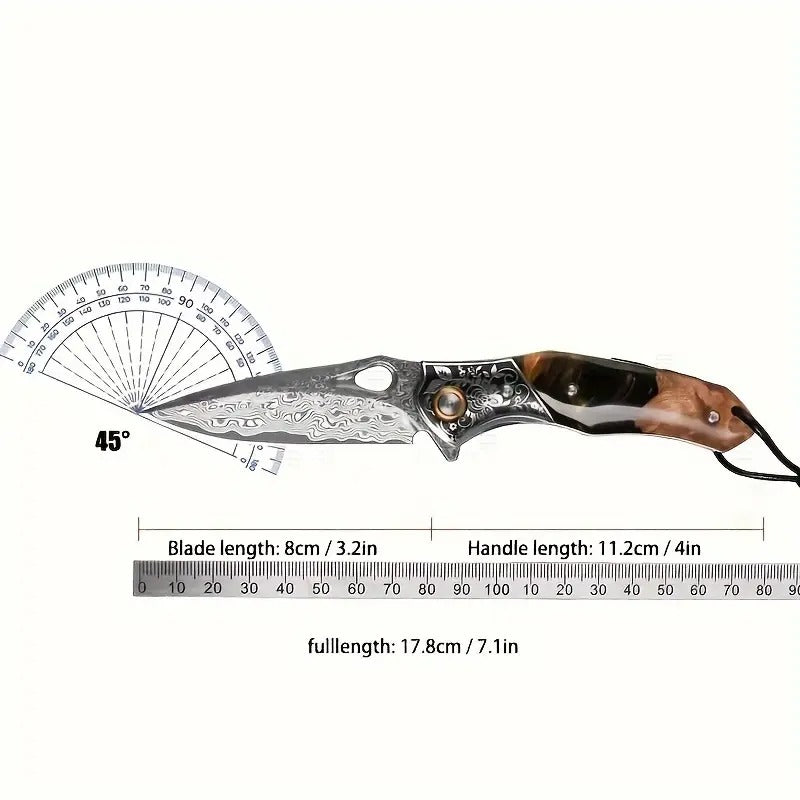 [Handmade Damascus Steel Knife] Handmade Damascus Steel Folding Knife | Maple Wood Cover, Colorful Shell Handle, Intricate Carvings, Secure Locking Mechanism - Suitable for Camping, Hiking, Fishing - Unisex Outdoor EDC,