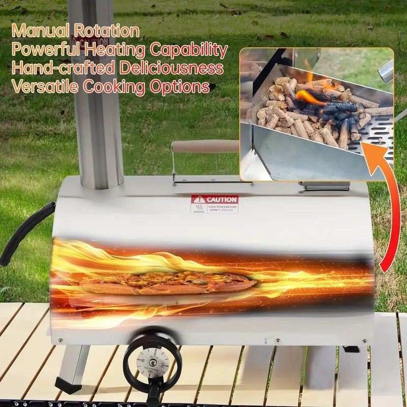 [Silvery Pizza Oven] Portable 12" Silvery Semi-Circle Wood Pellet Pizza Oven | Manual Handle Rotation, Semi-Automatic Design, Built-in Thermometer, 360-Degree Even Heating, Sleek Design For Perfect Christmas Gift