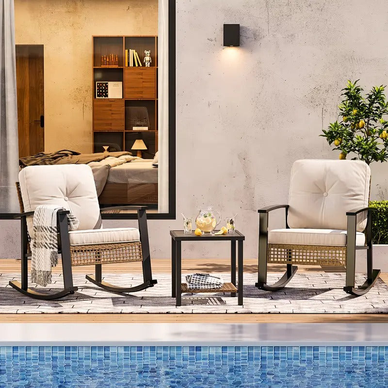 3pcs Outdoor Wicker Rocking Bistro Set, Patio Furniture with Coffee Table & Thick Cushions, 2 Rattan Rocking Chairs for Porch, Garden, Balcony, Backyard, Beige
