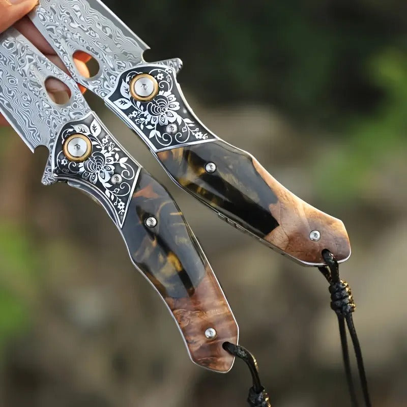 [Handmade Damascus Steel Knife] Handmade Damascus Steel Folding Knife | Maple Wood Cover, Colorful Shell Handle, Intricate Carvings, Secure Locking Mechanism - Suitable for Camping, Hiking, Fishing - Unisex Outdoor EDC,